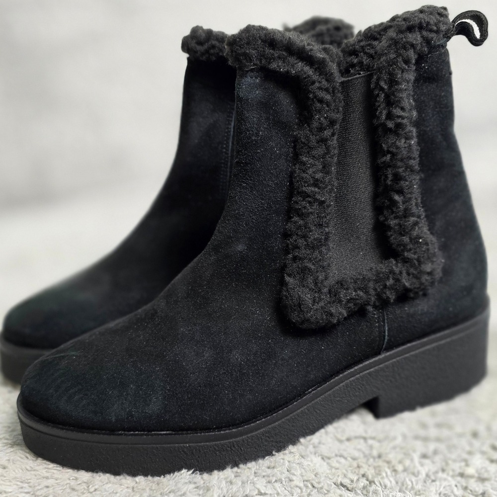 Sesto Meucci Made In Italy Black Suede Shearling Lined Chelsea Boots 37‎ 6.5 NEW